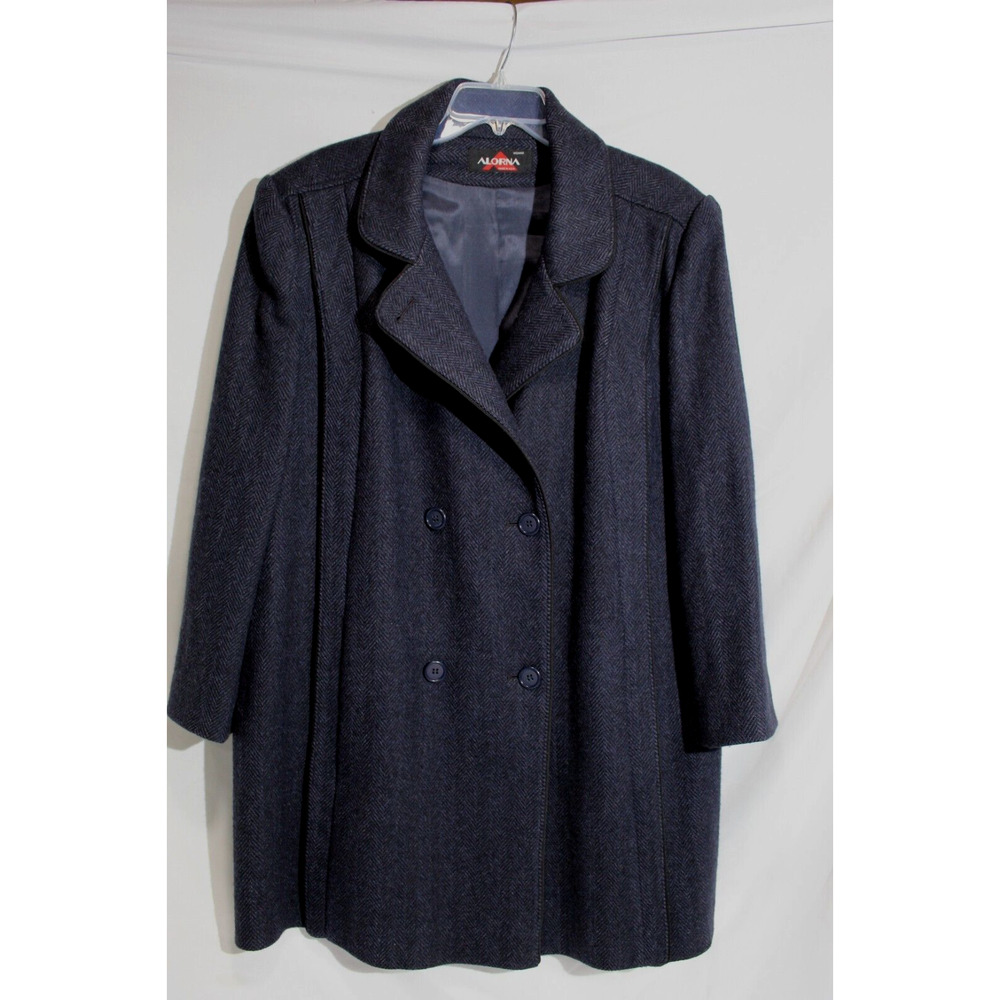 Vtg Alorna Blue Herringbone Double Breasted Wool Blend Peacoat Pockets Women's L